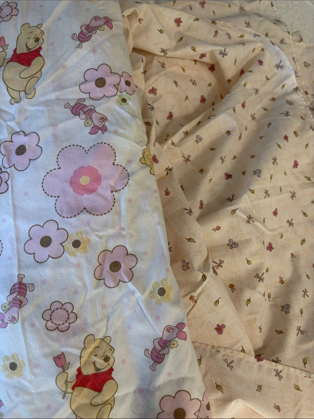 Set of Pooh bedding, crib sheet and dust ruffle